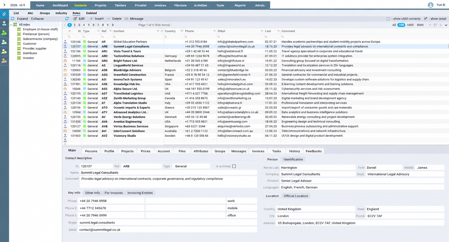 Enterprise contact and customer management workspace with anonymized data