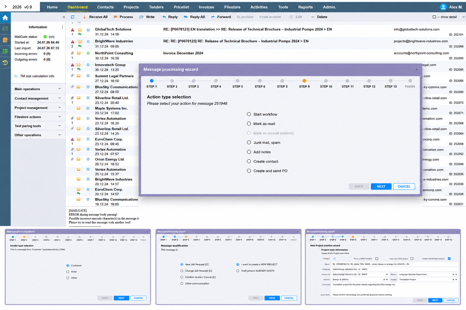 Message Processing Wizard with a multi-step workflow for handling incoming CRM messages